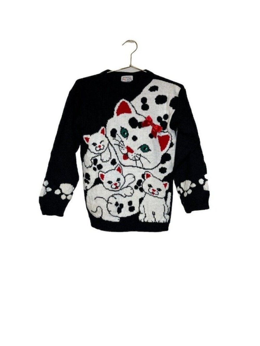 Vintage Jet Set Sweater Cat Kitten Print 80's Medium Bow Girls USA